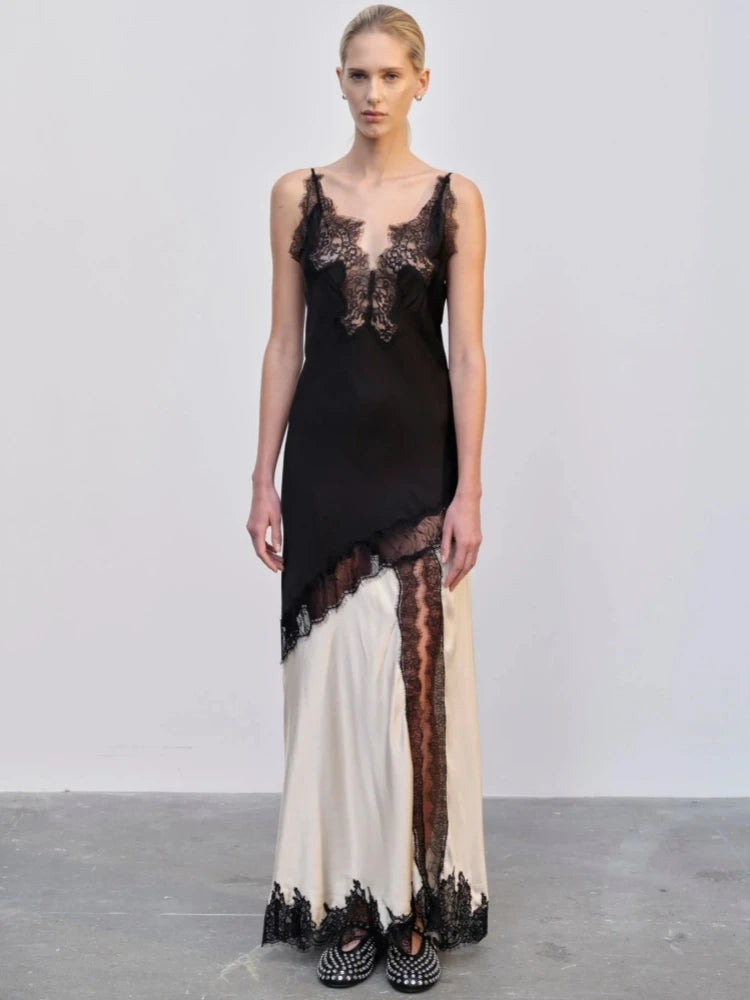 Sling V-Neck Colorblock Backless Long Lace Dress Secondary image