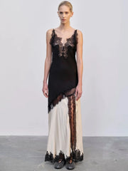 Sling V-Neck Colorblock Backless Long Lace Dress