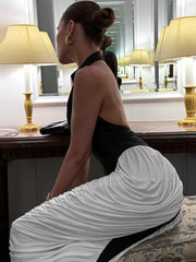 Patchwork Halter Backless Midi Dress