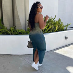 Gradient Denim Corset Slit Midi Dress