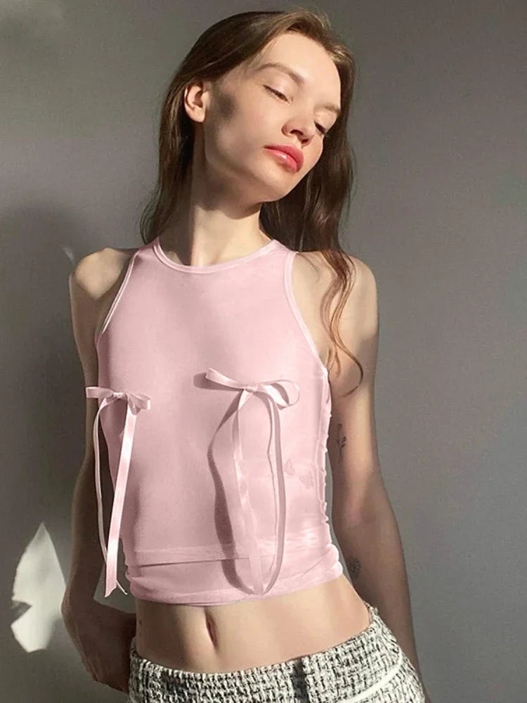 Pink Bow Sleeveless Crop Sheer Top Secondary image