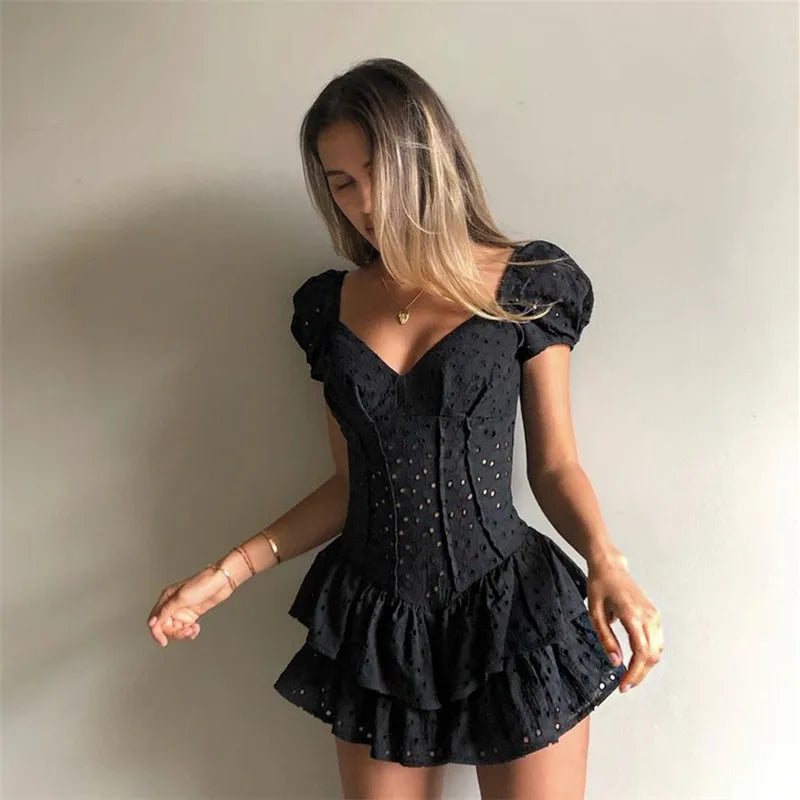 Pleated Puff Sleeve Ruffle V Neck Mini Dress Main image