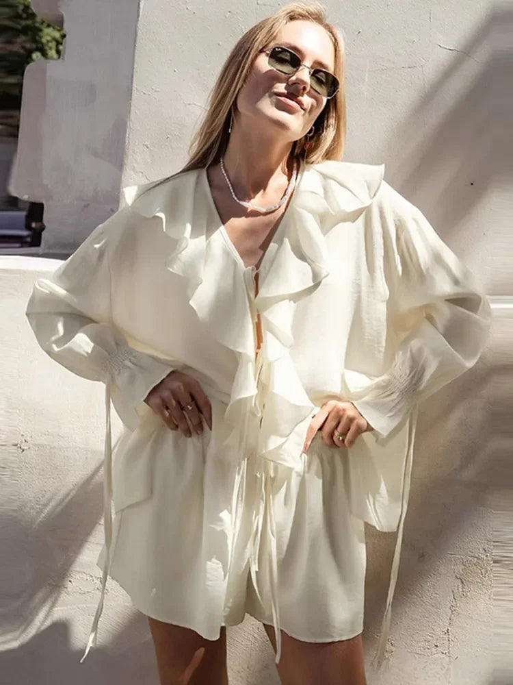 Ruffle Lace Up Chiffon Shorts Knit Set Main image