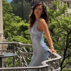 Slim Fit V-neck Hollow Silk Satin Dress