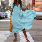 Cotton Linen Oversize Loose V-neck Boho Dress