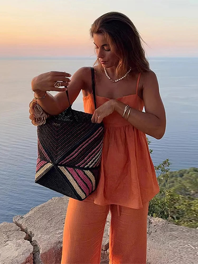 Orange Ruffles Pleated Two Piece Pants Set Secondary image