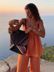 Orange Ruffles Pleated Two Piece Pants Set