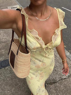 Ruffled Sling Backless Floral Dress
