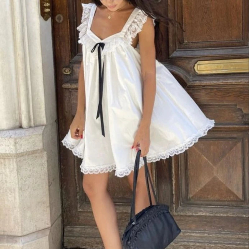 Ribbon Bow Lace Trim A-Line Mini Dress