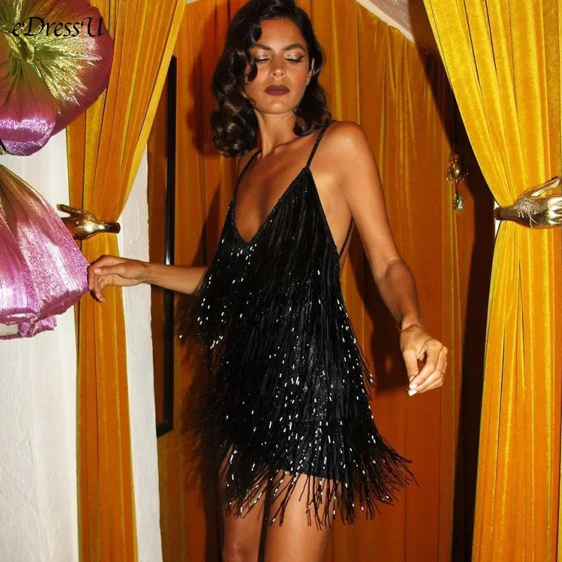 Deep V Fringe Backless Mini Party Dress