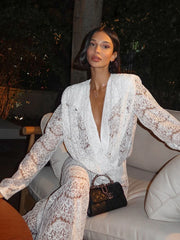White Lace Deep V Two Piece Pants Set