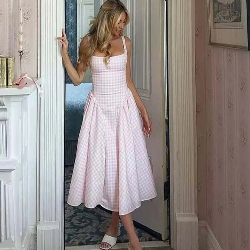 Lace-Up Plaid Sling A-Line Midi Dress Main image