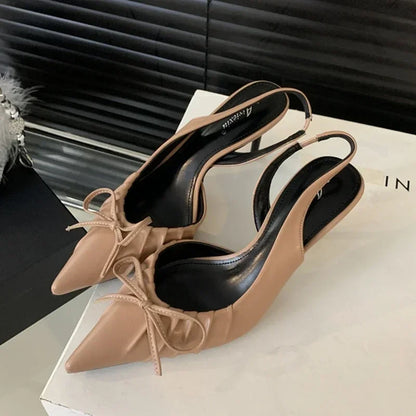 Pointed Toe Luxury Designer Slingback Shallow Bow Thin Heels High Heel