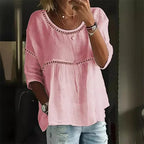Hollow Out Splice Seven-quarter Sleeve Blouse