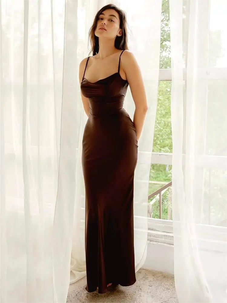 Satin Ruched Strap Maxi Elegant Silk Dress Secondary image