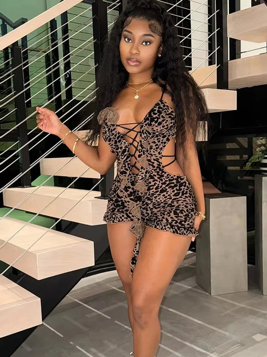Leopard Flocking Tassel V-neck Romper Main image