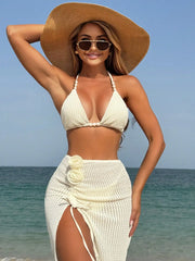 Knitted Triangle Cup Flower Side Slit Skirt Three Piece Swim Set