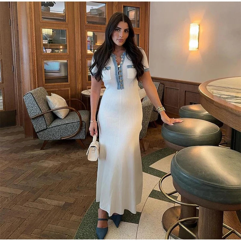 Denim Patchwork V-Neck Short Sleeve Button Bodycon Work Dress Main image