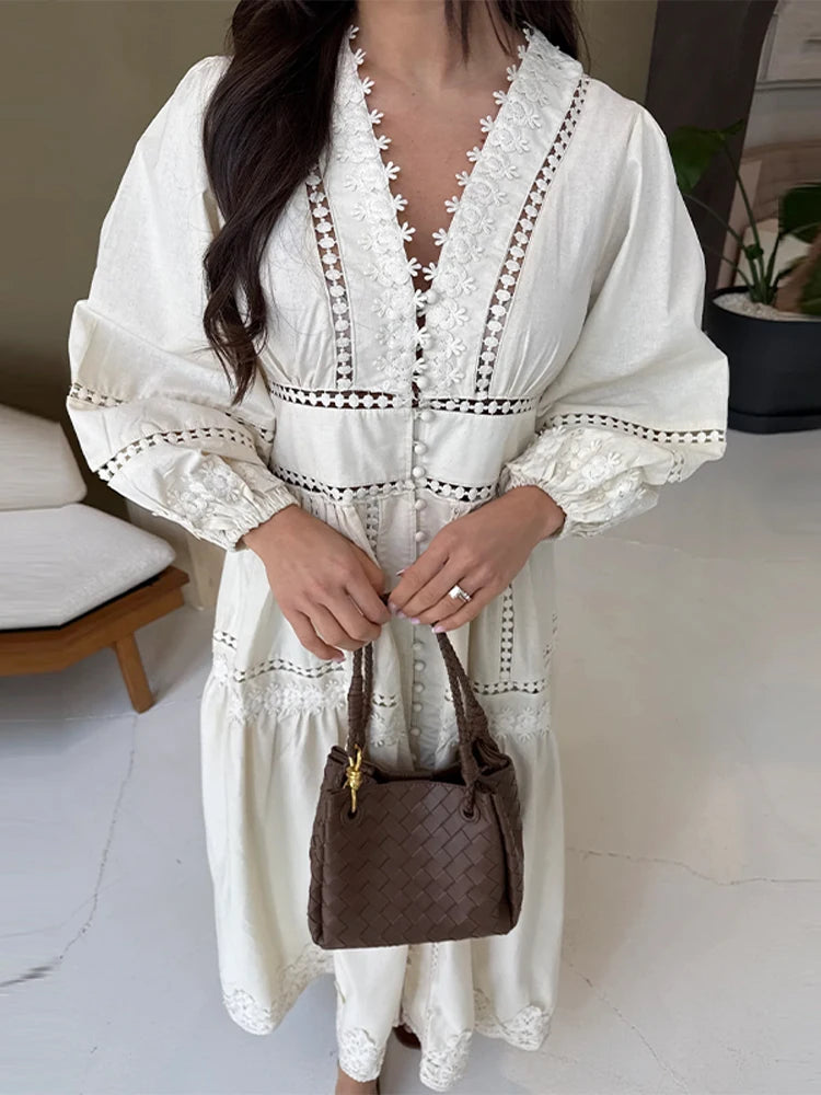 Hollow Lace V-neck Patchwork Maxi Midi Dress Secondary image