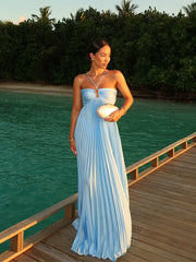 Pleated Blue Halter Maxi Dress