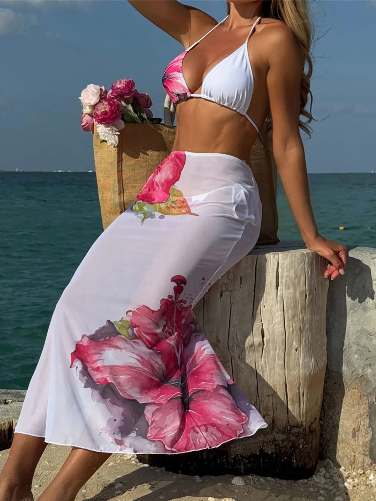 Flowers Skirt Halter Bather  Three Piece Swim Sets Main image