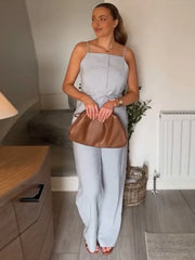 Sleeveless Lace Up Wide Leg Two Piece Pants Set