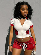 Patchwork Zip Short Sleeve Crop Top Two Piece Shorts Set
