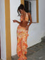 Vintage Print Cover Up Suspenders  Three Piece Swim Sets