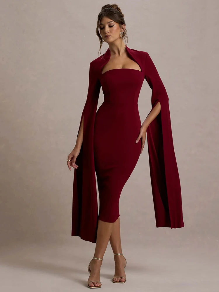 Cape Long Sleeve Back Slit Midi Dress Secondary image
