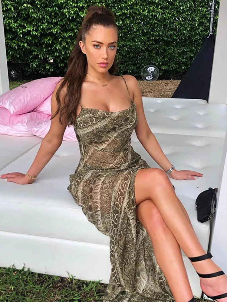 Snake Print Chiffon Sheer Strap Backless Slit Slip Dress Secondary image