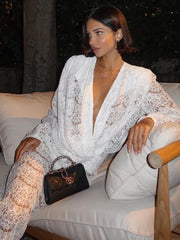 White Lace Deep V Two Piece Pants Set