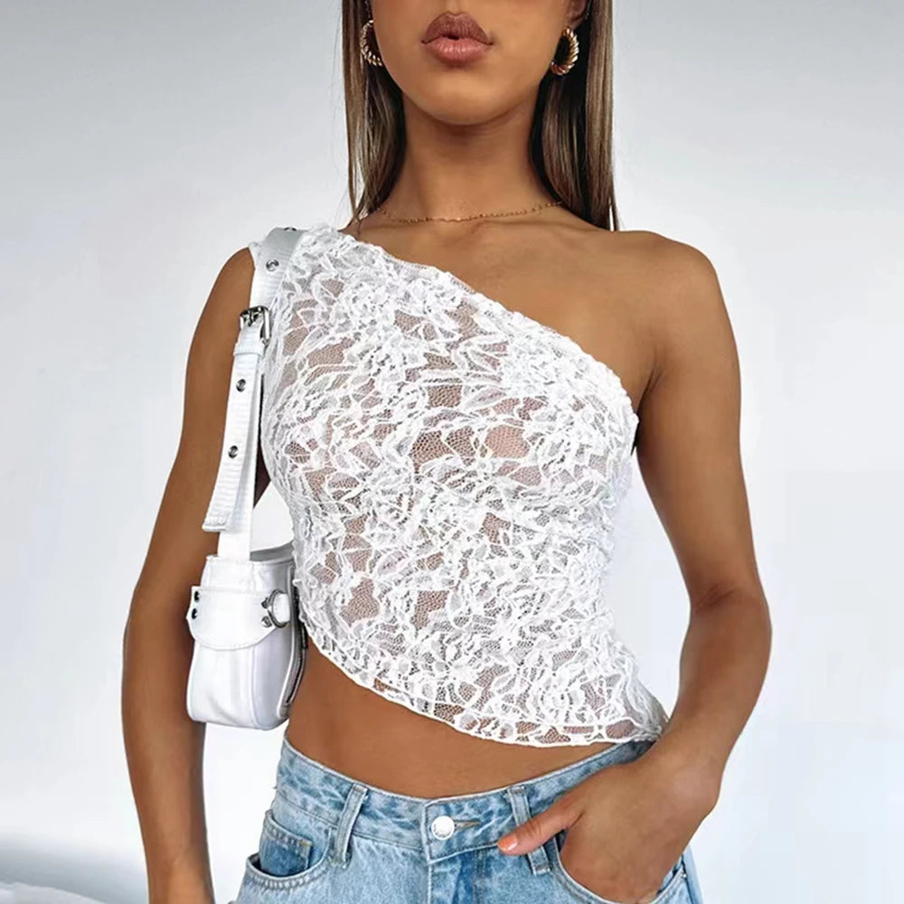 Solid Color Lace Open Waist Asymmetric Cami Top Main image