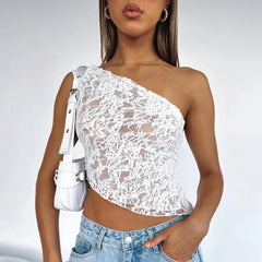 Solid Color Lace Open Waist Asymmetric Cami Top