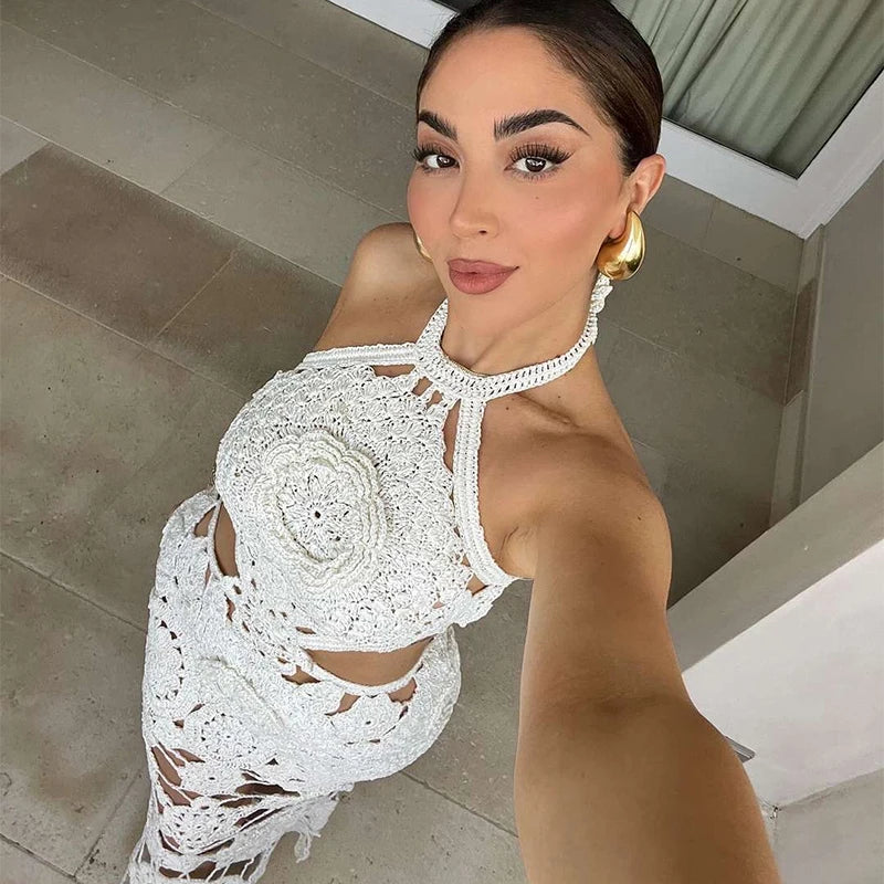 Hollow Hanging Neck Slim Floral Dress