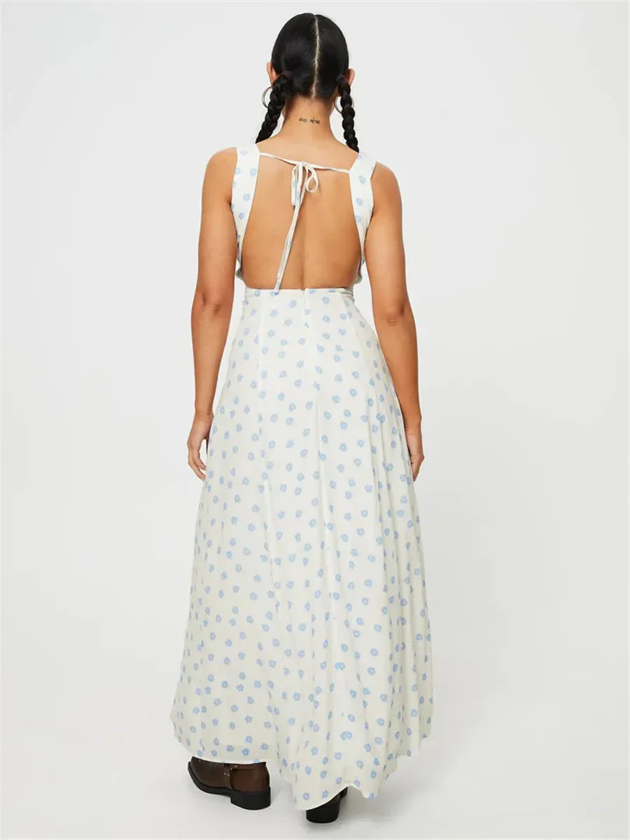 V-neck Lace-up Sleeveless Floral Dress