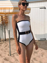 Black White Contrast Off Shoulder Bodysuit One Piece Swimwear