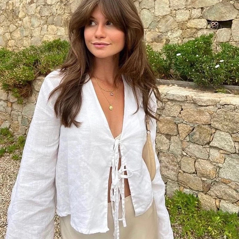 Lace Up Bow Cotton Linen Flare Sleeve Blouse Secondary image