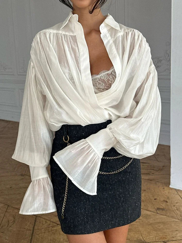 Loose See-Through Lapel Long Sleeve Blouse Main image