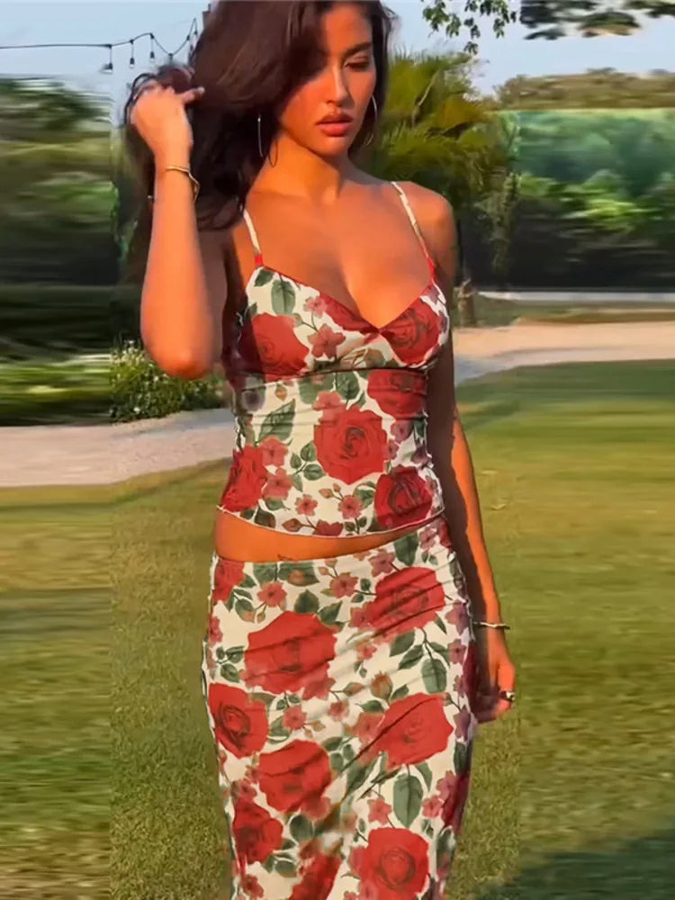 Floral Print Sleeveless Crop Printed Long Two Piece Skirt Set Main image