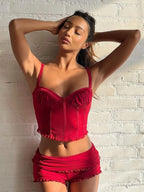 Ruched Square Collar Sleeveless Crop Top Two Piece Shorts Set
