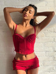 Ruched Square Collar Sleeveless Crop Top Two Piece Shorts Set