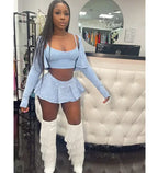 Ribber Pleated Vest Long Sleeve Super Mini Two Piece Skirt Set