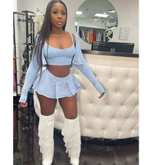 Ribber Pleated Vest Long Sleeve Super Mini Two Piece Skirt Set