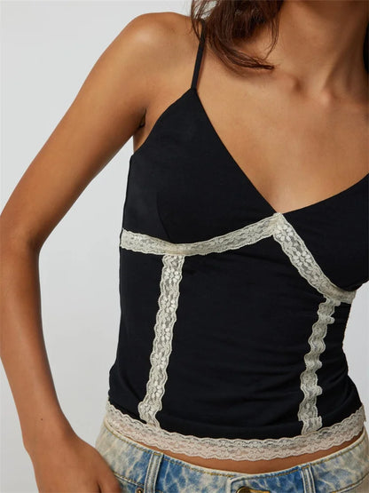 Retro Women V Neck Sleeveless Spaghetti Strap Lace Patchwork Summer Slim Fit Party Mini Vest Clubwear Crop Top
