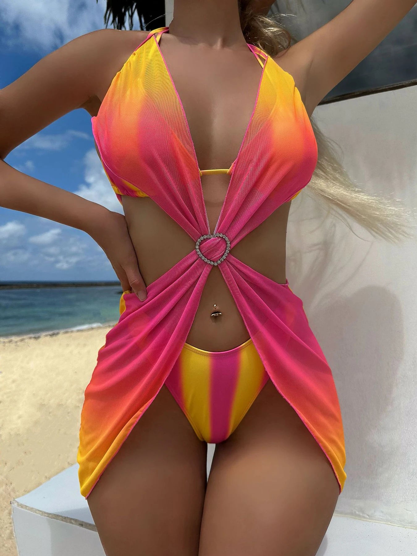 Gradient Mesh Skirt Summer  Three Piece Swim Sets