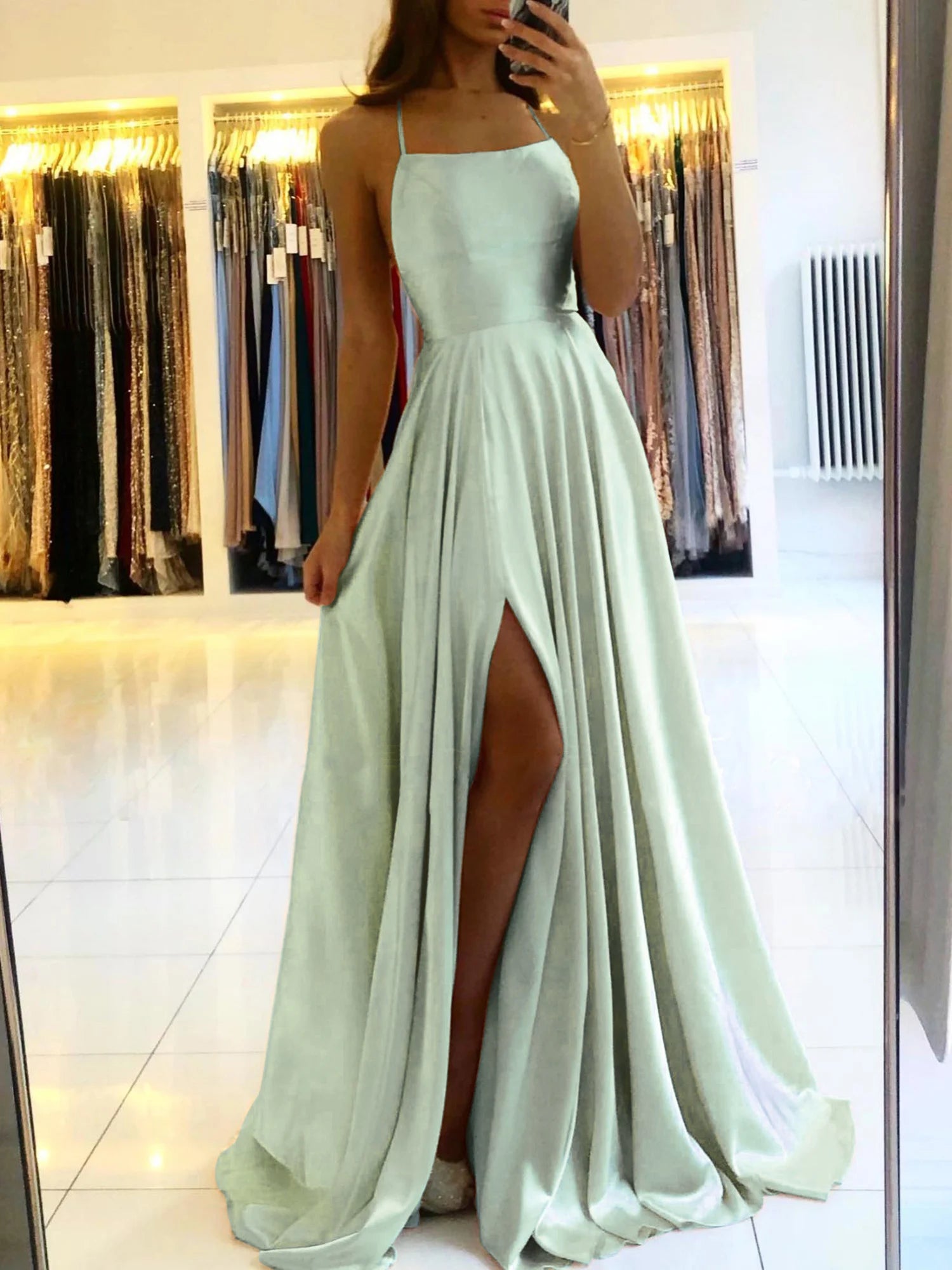 Blue Satin Spaghetti A-Line Prom Dress Secondary image
