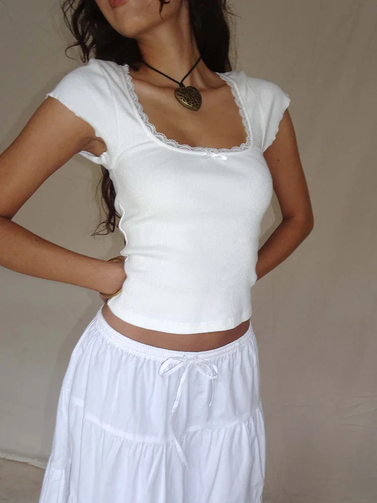Lace Trim Knitted Cottage Baby Tee Crop Top Main image