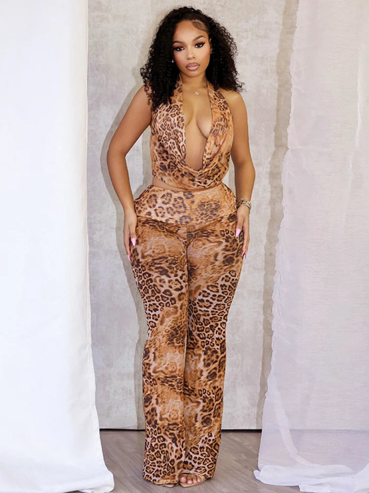Leopard Halter Flared Two Piece Pants Set Main image