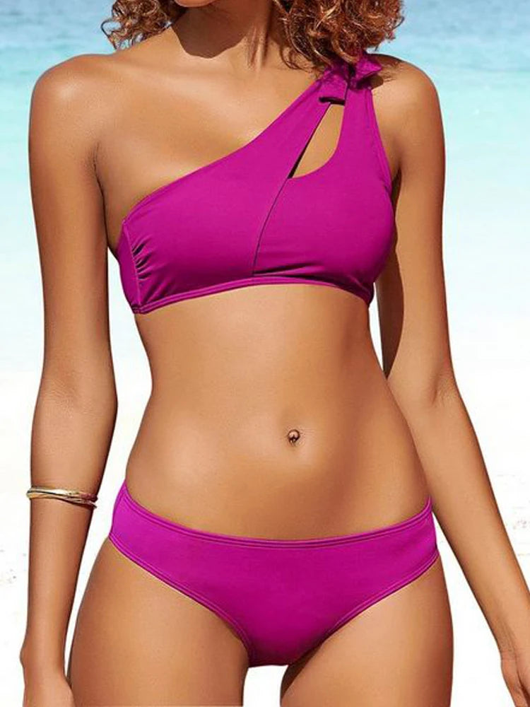Solid Black One Shoulder Two Piece Swim Sets