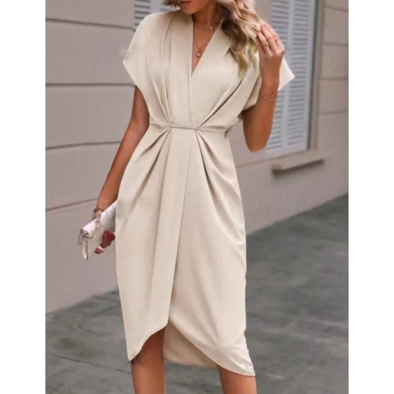 Short Sleeve Deep V Neck Draped High Waist Work Dress Secondary image